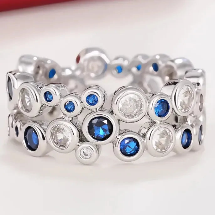 Women’s Silver Cubic Zirconia Wedding Band Ring Brass Blue White Jewelry