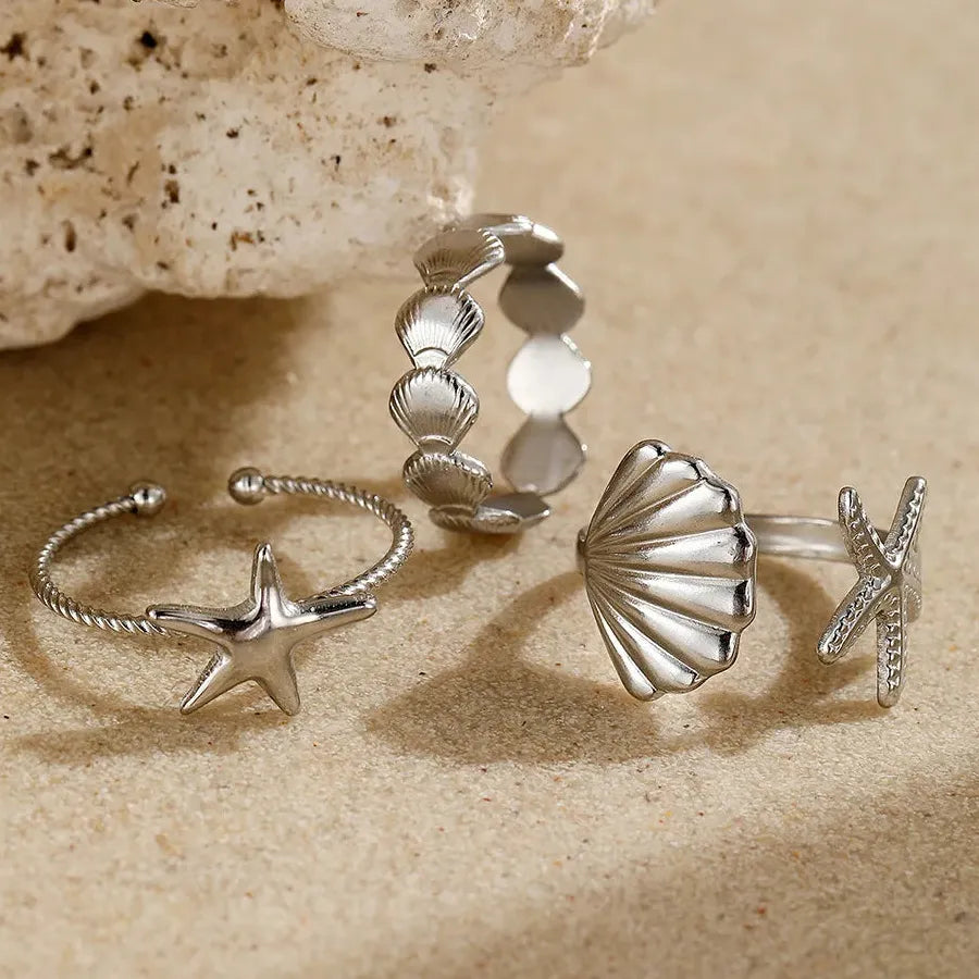 3Pcs Women's Ocean Starfish Shell Open Rings Gold Stainless Steel Jewelry Set