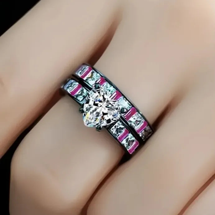 Black Heart Cubic Zirconia Bridal Wedding Ring Set for Women