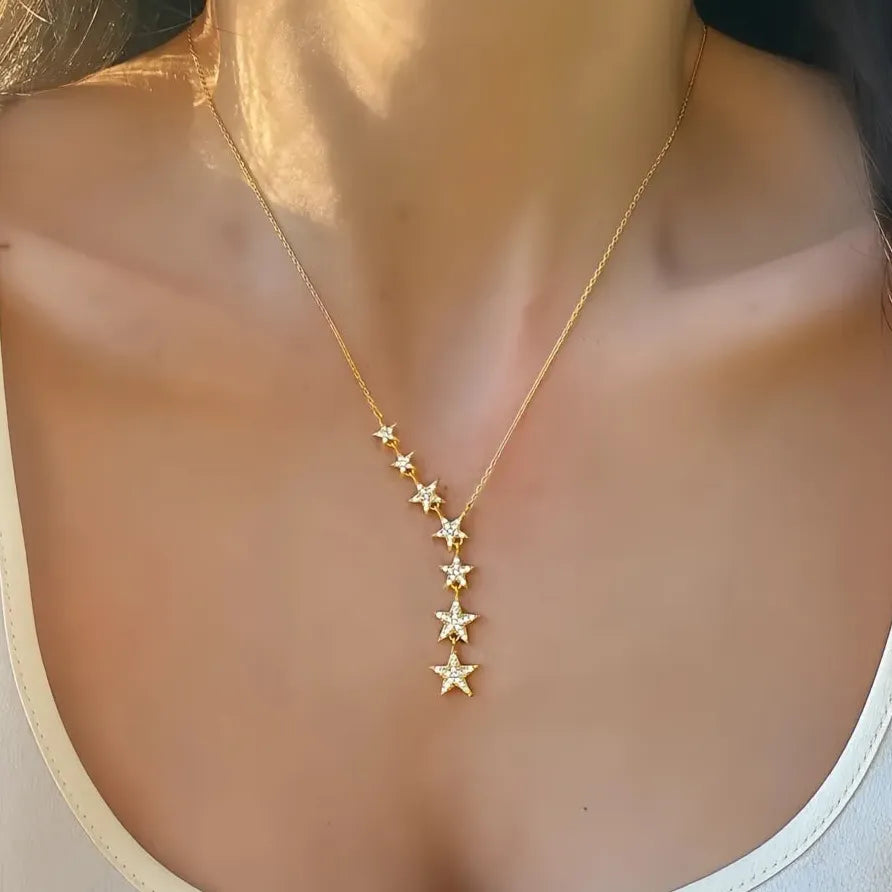 Women’s Geometric Star Pendant Necklace with Shiny CZ Inlay Gift