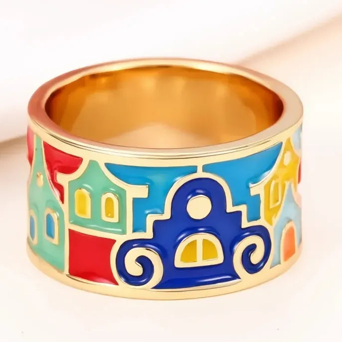 Gold Brass Enamel Geometric Ring for Women Trendy Party Gift