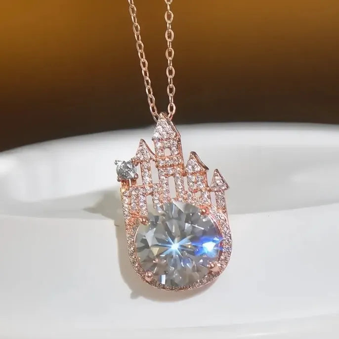 Castle Design Rose Gold Geometric Pendant Necklace with Cubic Zirconia Gems