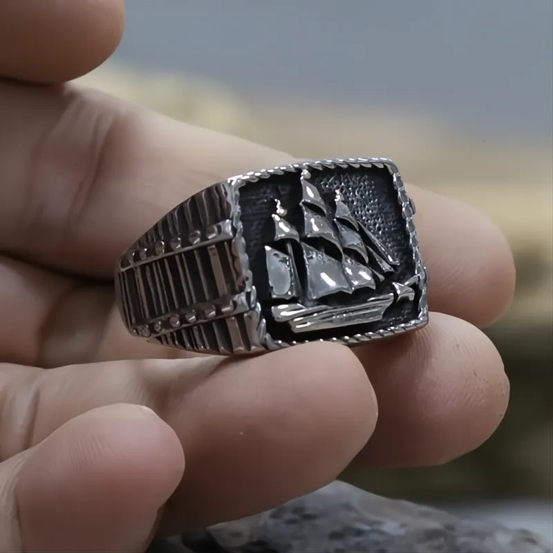 Men's Viking Pirate Sailboat Ring Stainless Steel Biker Gothic Lucky Amulet Jewelry Vintage