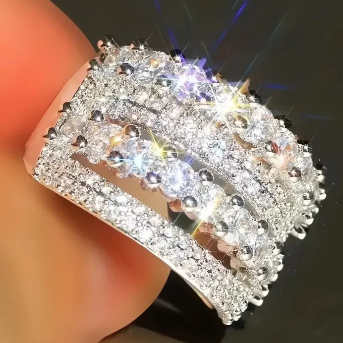 Luxury Wide Silver Wedding Band for Women Full Paved Cubic Zirconia Ring