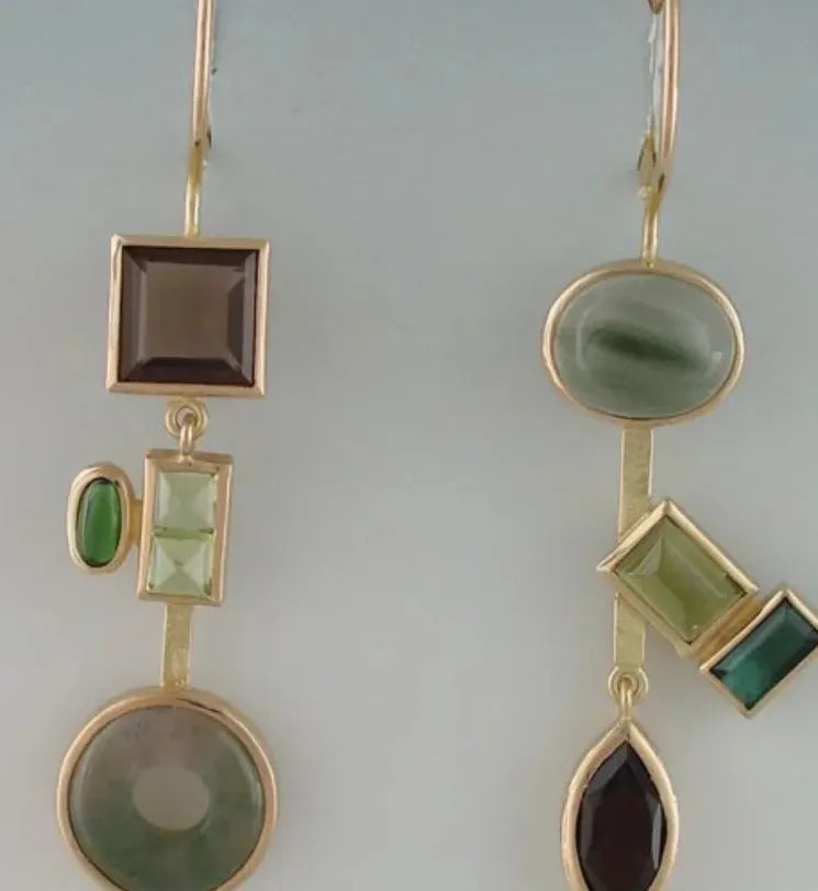 Gold Geometric Drop Earrings with Natural Stone Inlay Bridal Wedding Jewelry Gifts