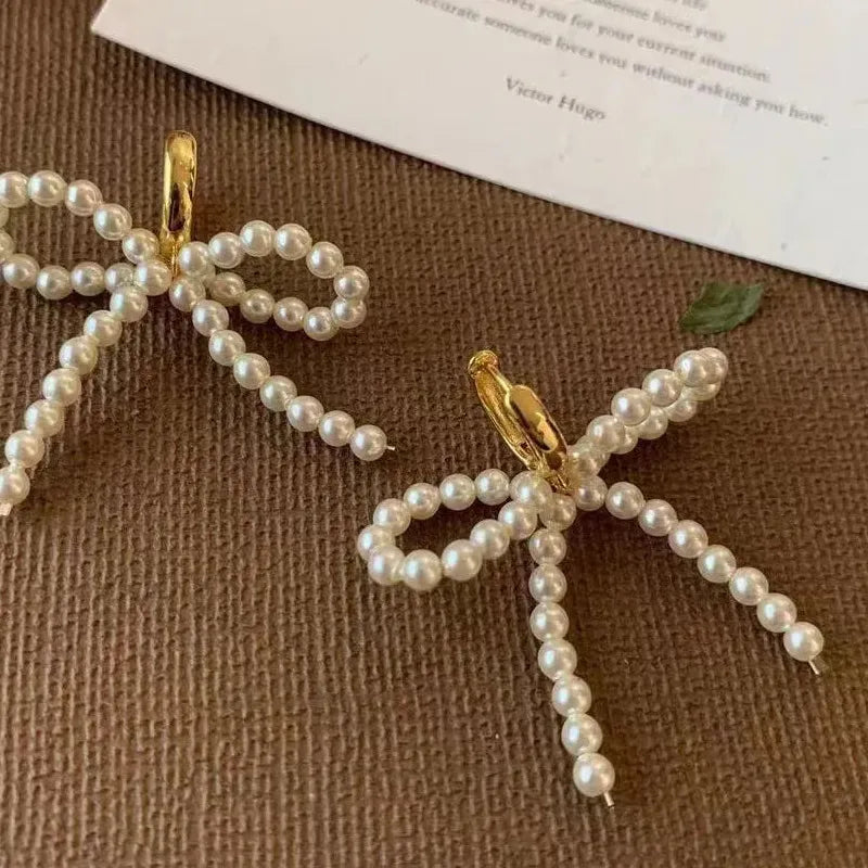 Handmade Korean Pearl Bow Tassel Hoop Earrings Zinc Alloy Dangle Y2K