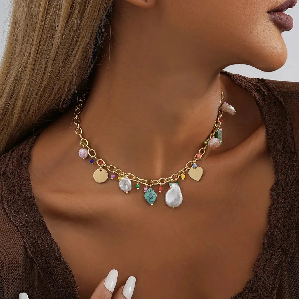 Kpop Boho Starfish Scallops Tassel Pearl Choker Necklace for Women