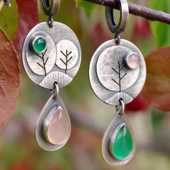Retro Waterdrop Flower Leaf Geometric Pink Green Gemstone Silver Earrings Women