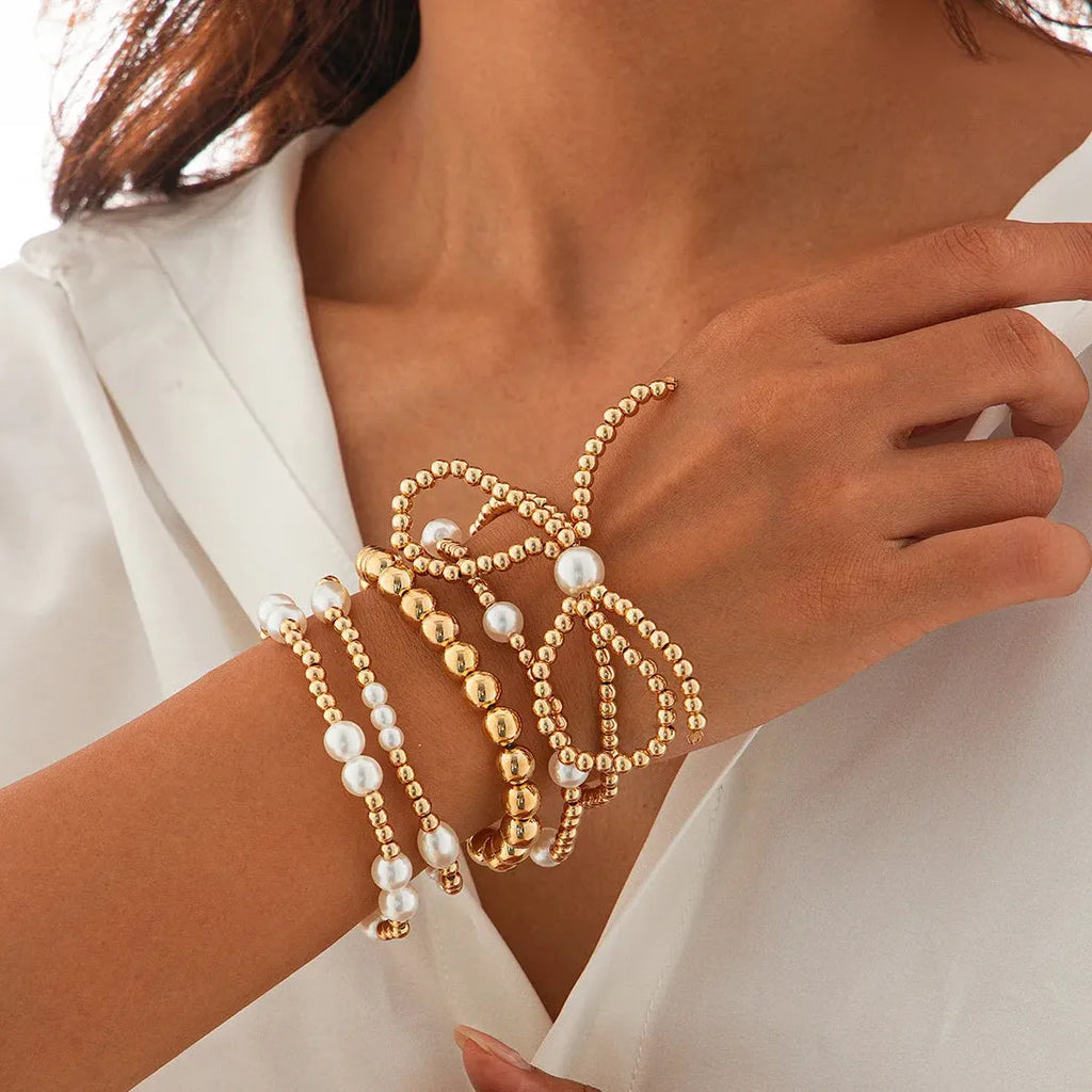 5Pcs Gold Beaded Bracelet Set Bowknot Bangle for Women Jewelry Gift