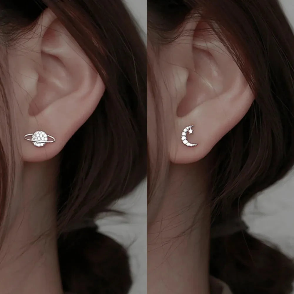 Zircon Star Moon Mini Korean Asymmetric Stud Earrings for Women Gift