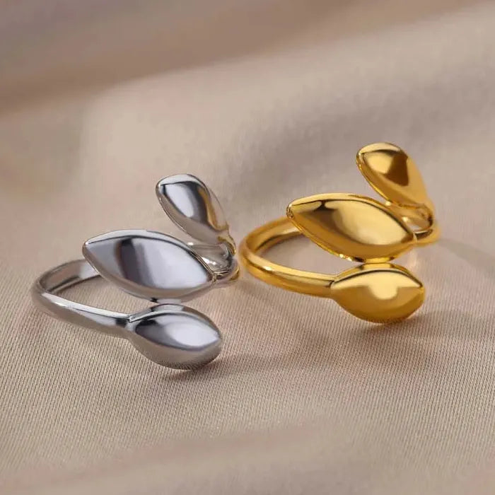 Adjustable Gold Color Stainless Steel Leaf Ring for Women Nature Jewelry