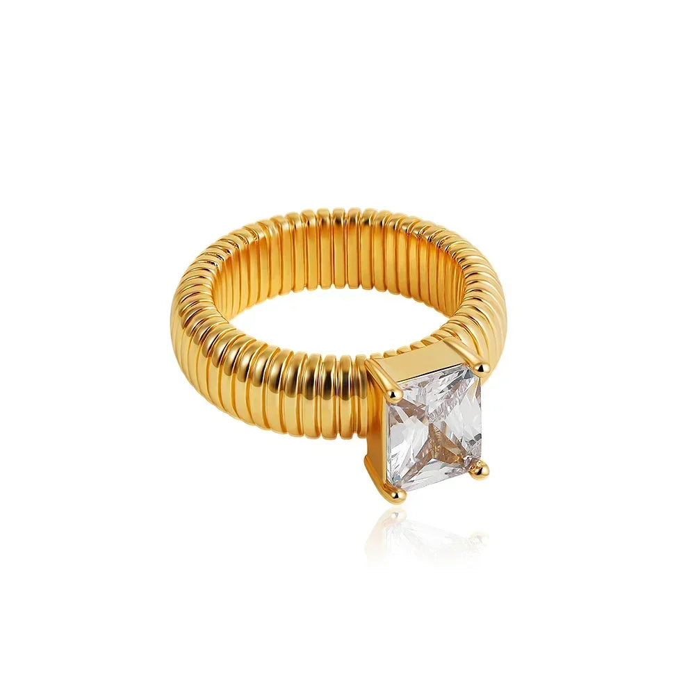 Stainless Steel Chunky Square Crystal Zircon Multicolor Wedding Ring Female Retro
