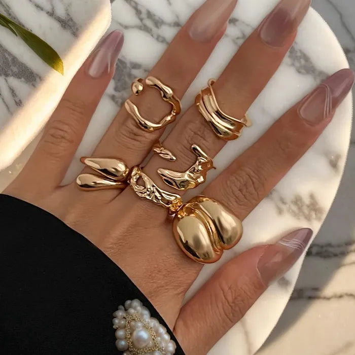 Irregular Gold Layered Metal Lava Rings Set for Women Party Jewelry Gift