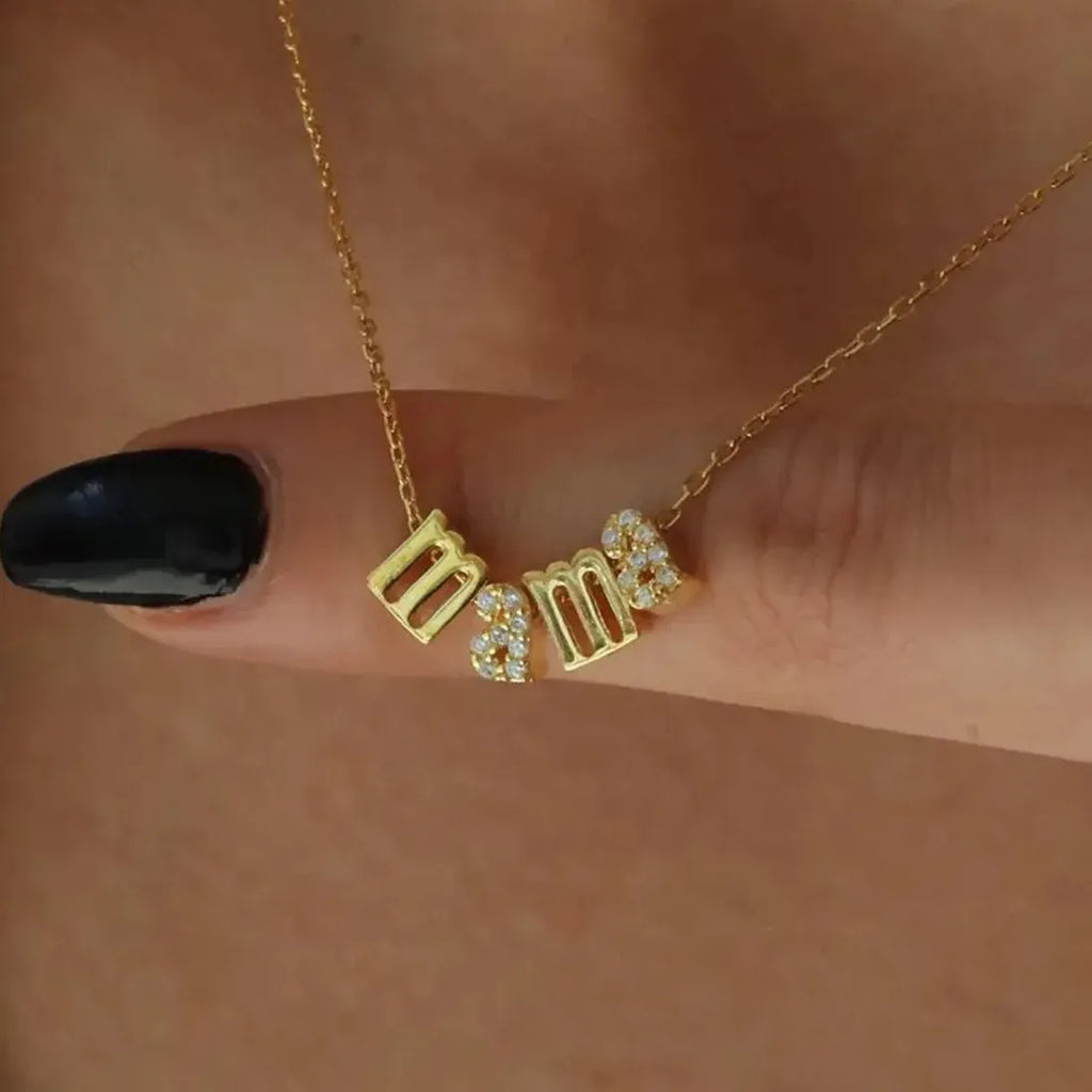 Mini Mama Letter Alphabet Zircon Stainless Steel 18K Gold Plated Necklace Choker Gift