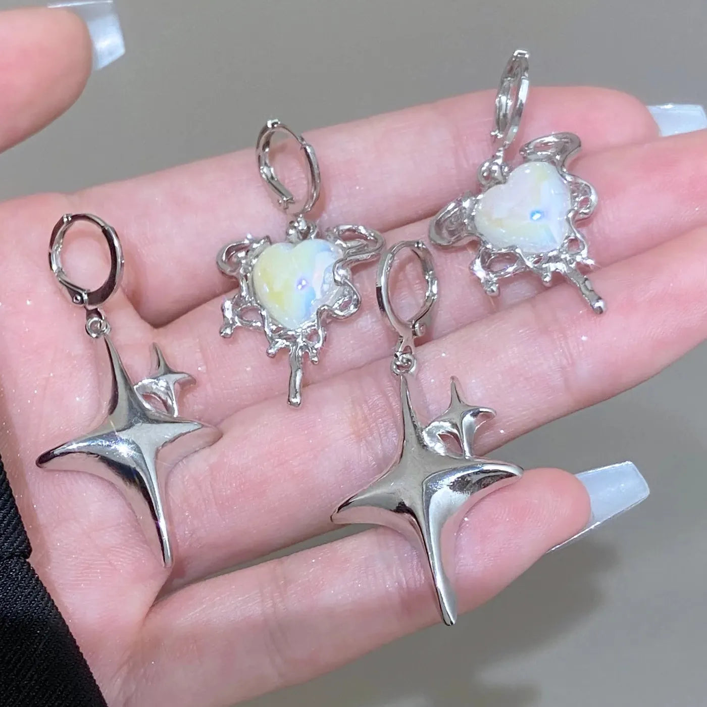 Y2K Silver Metal Star Drop Earrings Rhinestone Punk Jewelry for Women