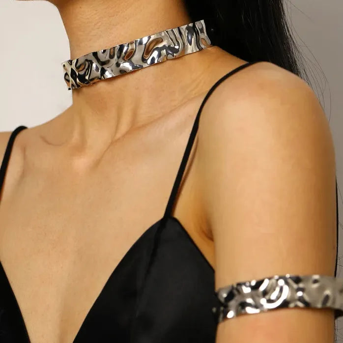 Punk Gothic Geometric Irregular Wrinkled Metal Necklace & Bracelet Set Women
