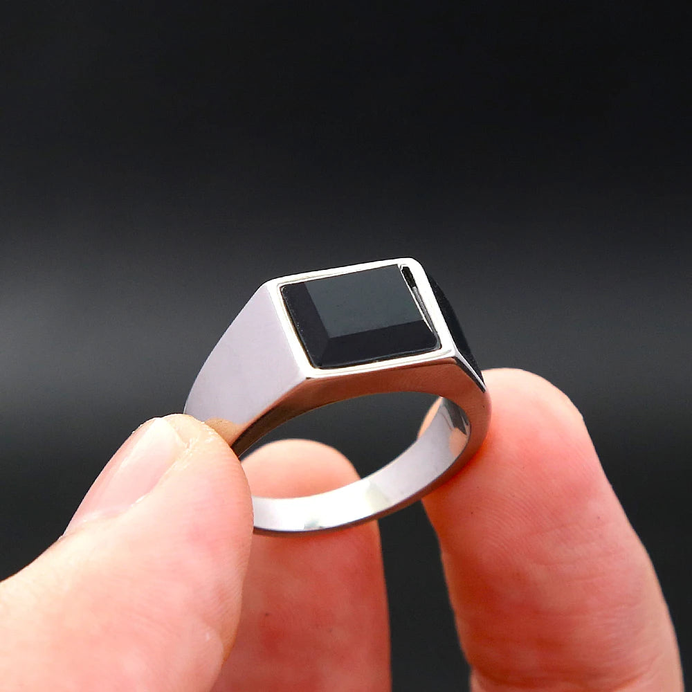 Punk Vintage Black Gemstone Ring Stainless Steel Biker Jewelry for Men Women