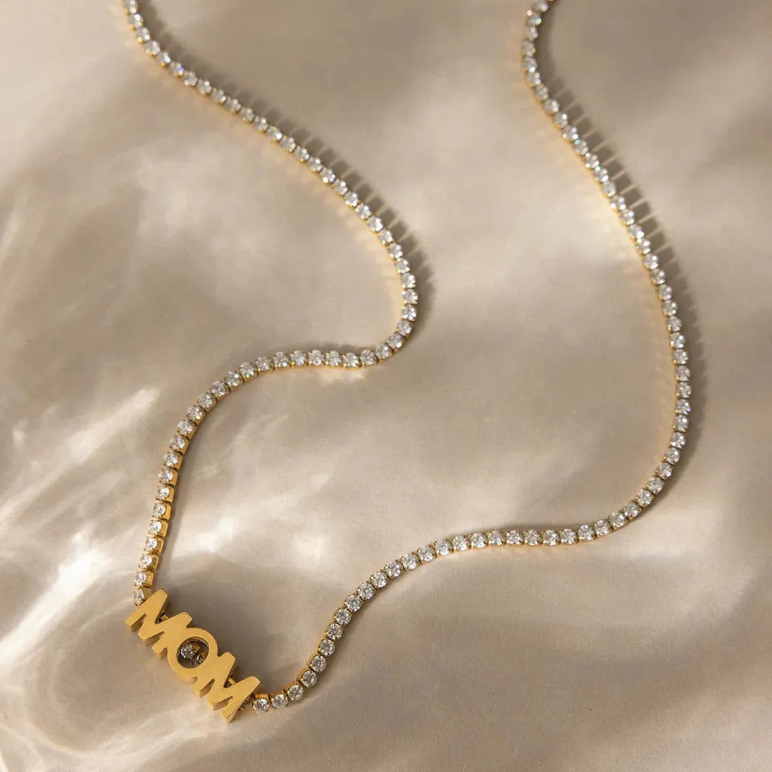 18K Gold Plated Stainless Steel Zircon MOM Tennis Chain Necklace Choker