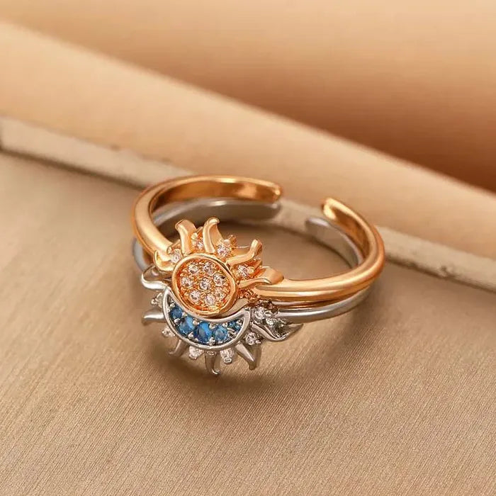 2Pcs Women’s Moon Sun Star Crystal Rings Copper Wedding Jewelry Gift Set