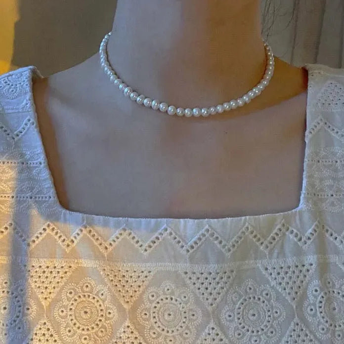 Vintage White Imitation Pearl Chain Choker Necklace for Women Gift Jewelry