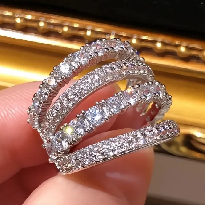 Geometric Multi-layer Cubic Zirconia Bridal Wedding Band Ring for Women
