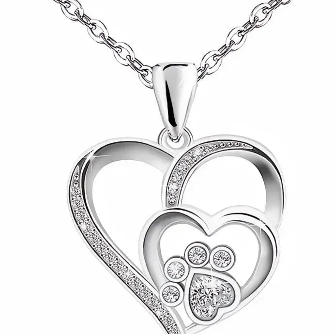Double Heart Pendant Necklace with Paw Print CZ Copper Alloy Jewelry for Women