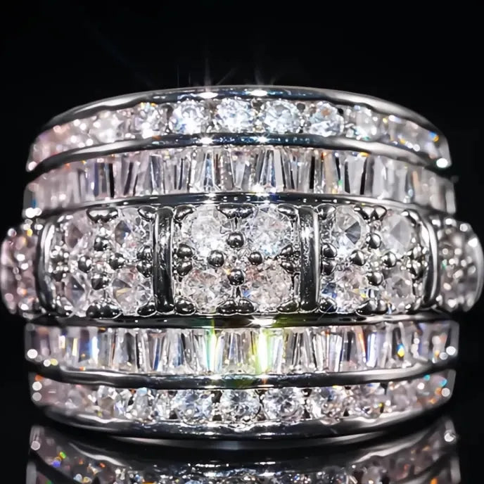 Silver Wide Cocktail Ring for Women with Bright Cubic Zirconia Inlay, Trendy Brass Party Jewelry