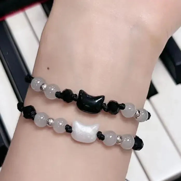 2Pcs Handmade Natural Moonstone Couple Bracelets Black White Cat Jewelry Gift