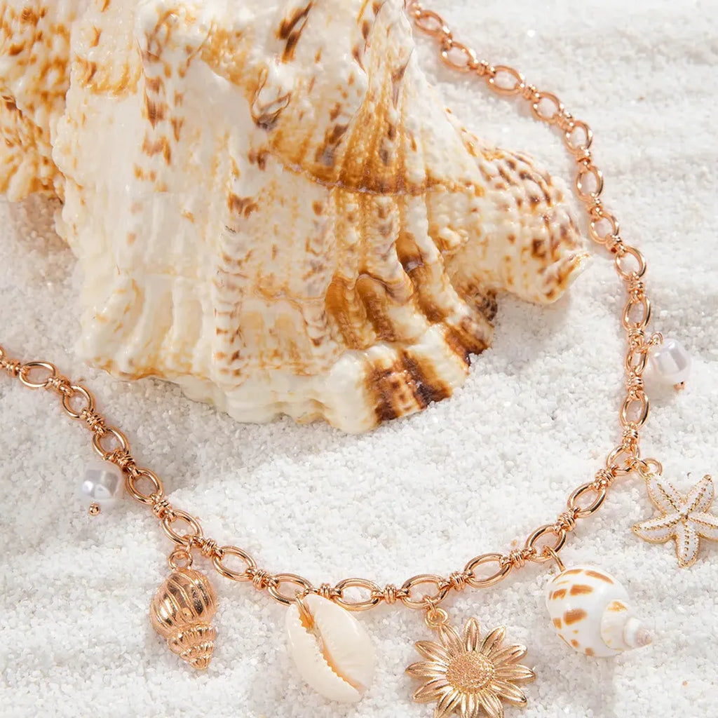 Kpop Boho Starfish Scallops Tassel Pearl Choker Necklace for Women