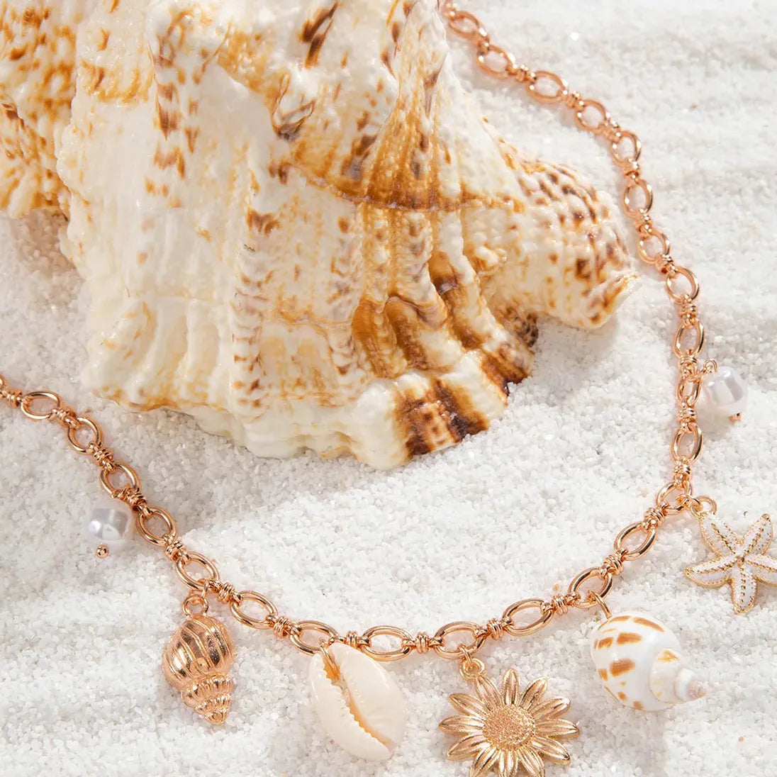 Kpop Boho Starfish Scallops Tassel Pearl Choker Necklace for Women