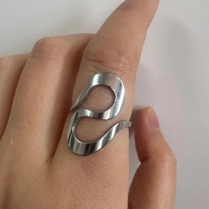 Adjustable Stainless Steel Leaf Wave Line Ring for Women Vintage Gold Jewelry