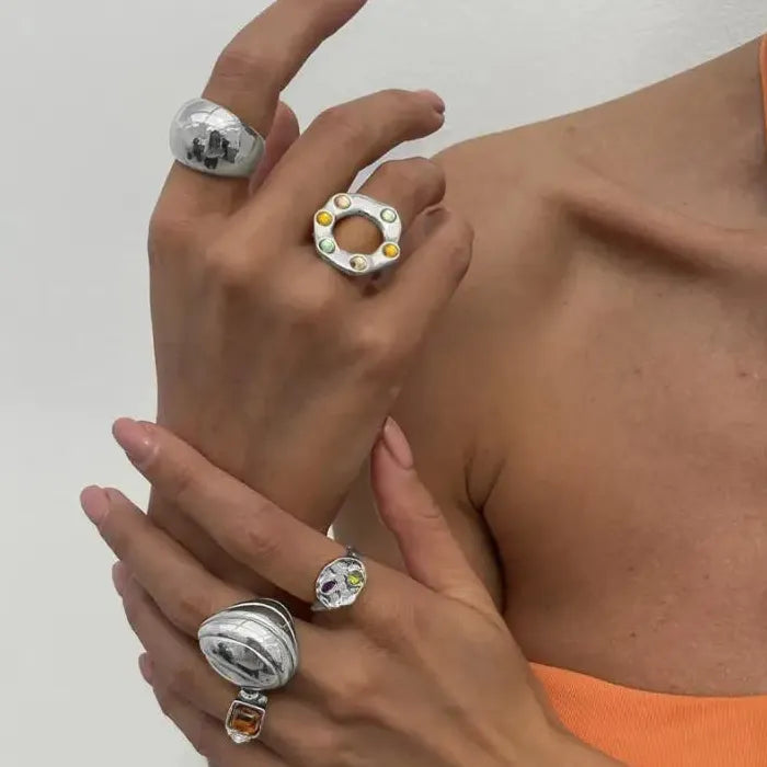 5Pcs Vintage Irregular Metal Circular Rings Punk Jewelry for Men Women