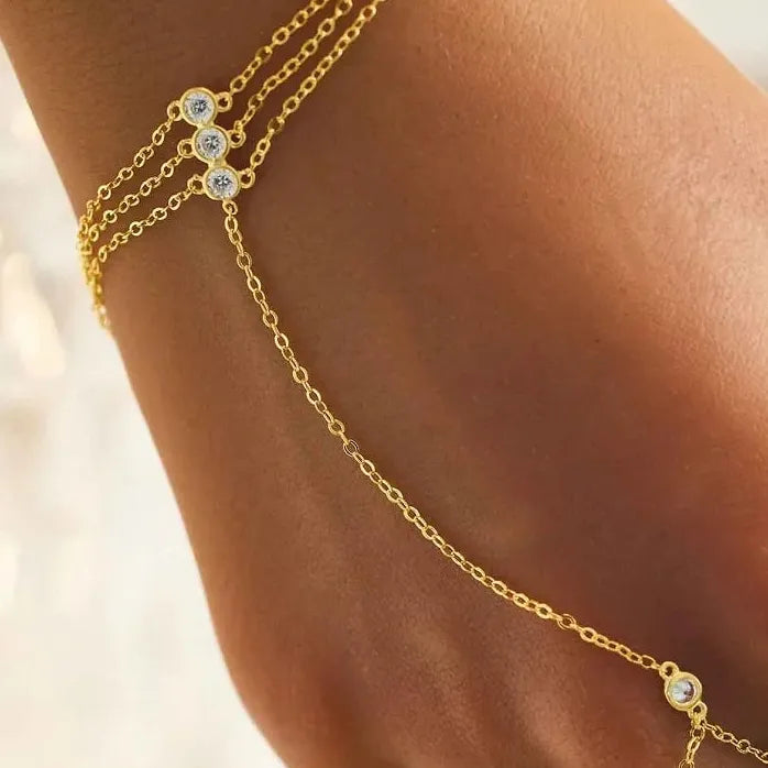 Fashion Metal Multilayer Hand Chain Link Ring Bracelet Women Wedding Jewelry