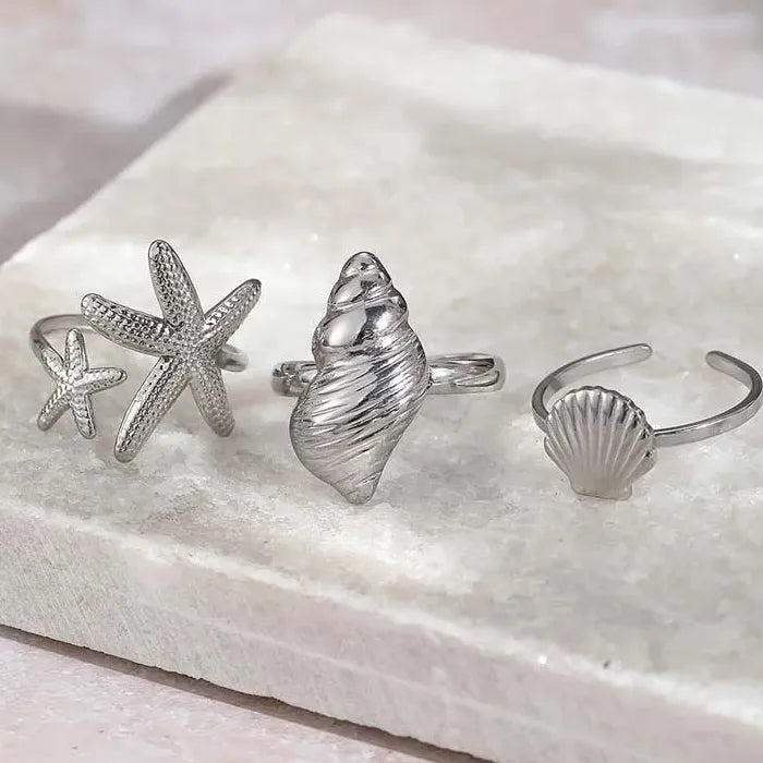 Adjustable Stainless Steel Starfish Conch Shell Ring for Women Gift Jewelry Gold