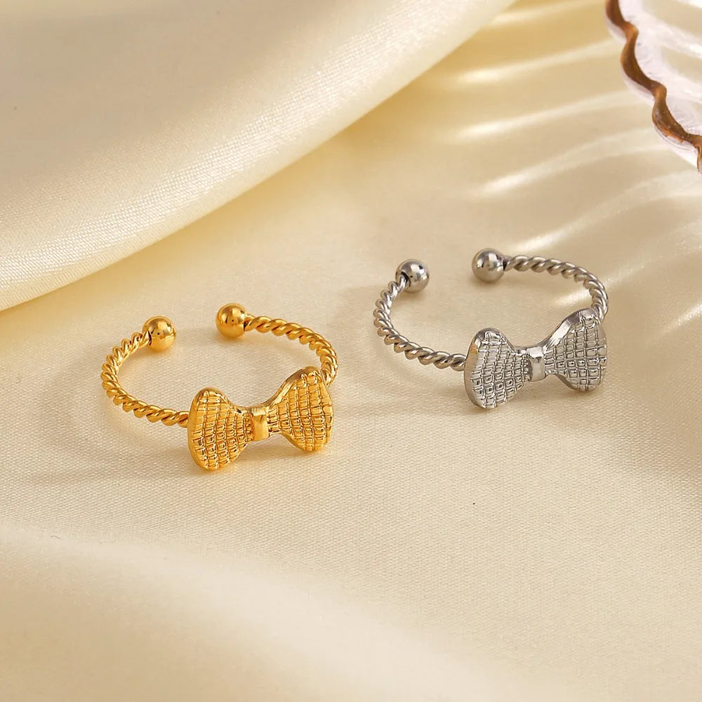 Gold Plated Adjustable Stainless Steel Mini Bowknot Ring Ribbed Twist Circle Jewelry