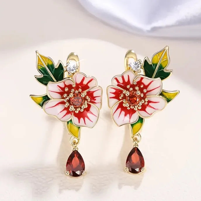 Red Flower Green Leaf Enamel Copper Alloy Drop Earrings with Cubic Zirconia for Women Wedding Party Jewelry