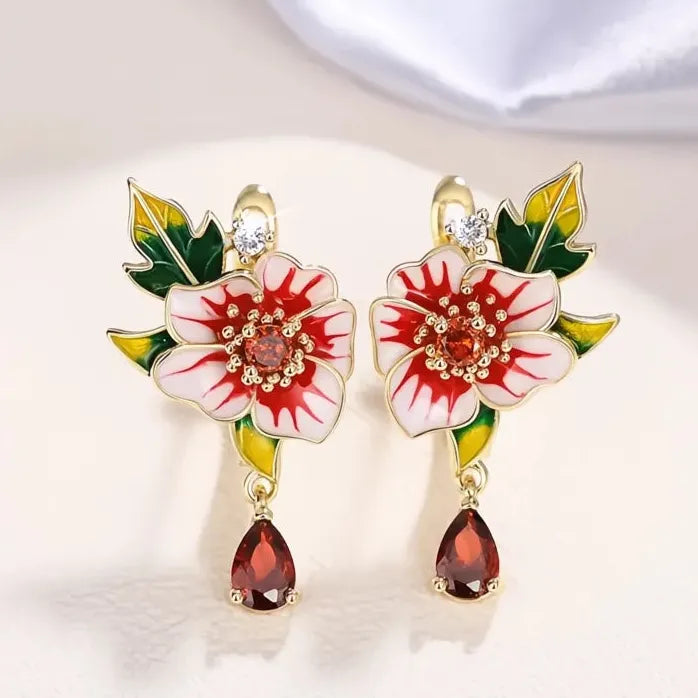 Red Flower and Green Leaf Brass Earrings for Women Enamel Jewelry