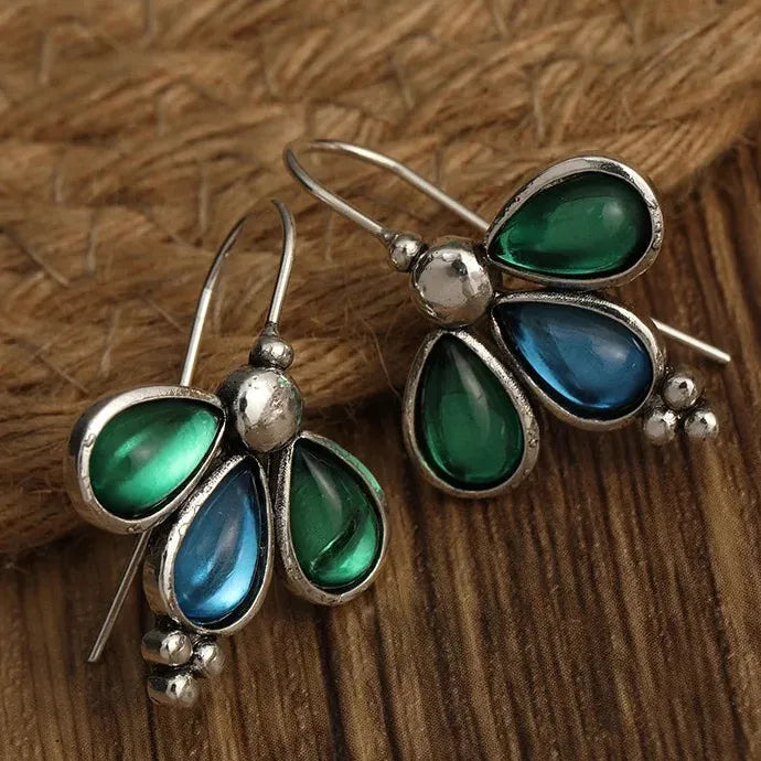 Silver Green Blue Stone Waterdrop Dangle Earrings for Women Wedding Jewelry