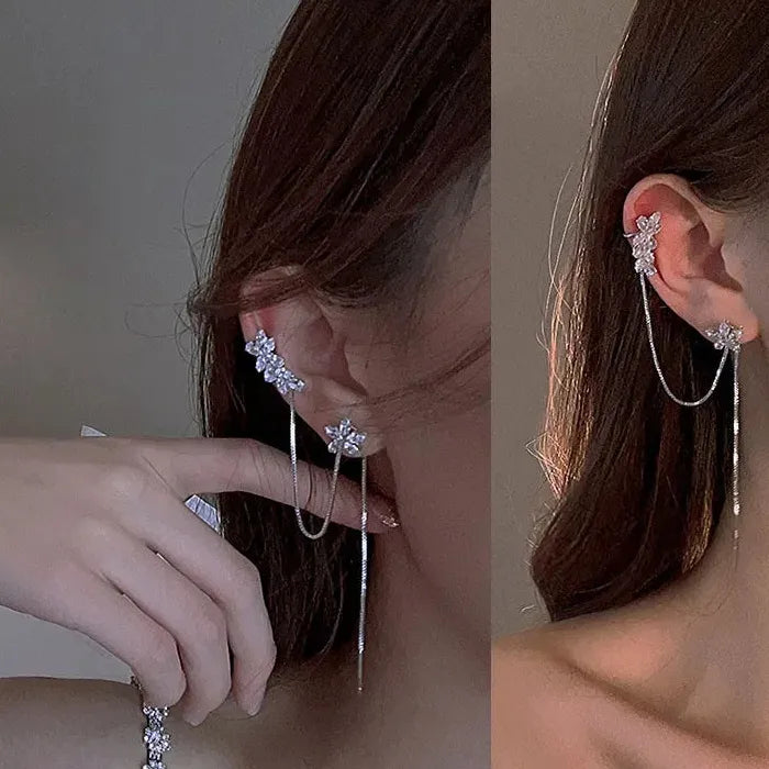 Zinc Alloy Shiny Rhinestone Clip Tassel Earrings for Women Girls