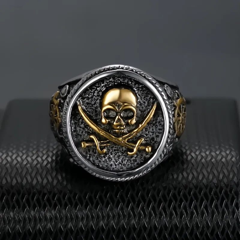 Vintage Men's Pirate Skull Double Knife Signet Ring 316L Stainless Steel Gold Silver Compass Goth Punk US 7-13