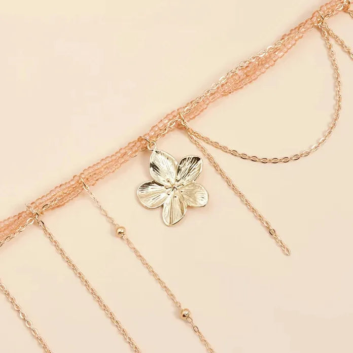 Pink Resin Flower Pendant Necklace Tassel Choker for Women