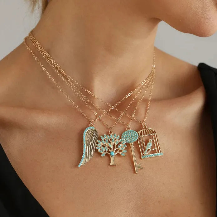 Adjustable Green Stone Pendant Necklace Zinc Alloy Birdcage Wing Key Gift
