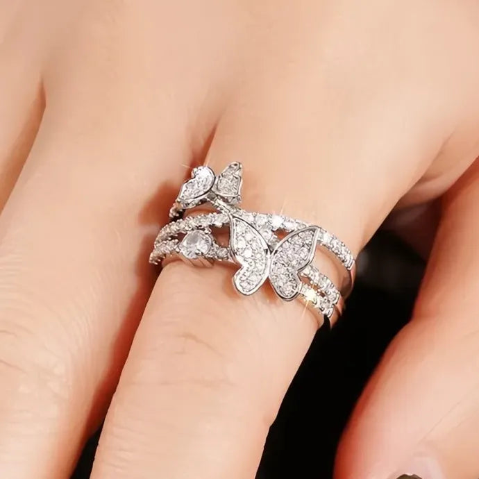Romantic Double Butterfly Brass Wedding Ring with Cubic Zirconia for Women