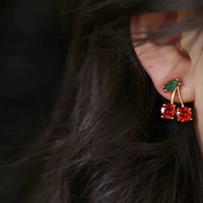 Red Zircon Fruit Leaf Stud Earrings Zinc Alloy Crystal Jewelry Gift