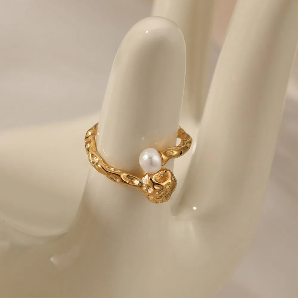 18K Gold Plated Lava Texture Pearl Ring Waterproof Designer Double Color Statement