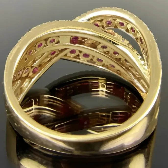 Gold Brass Geometric Cross Cocktail Ring with Cubic Zirconia for Women