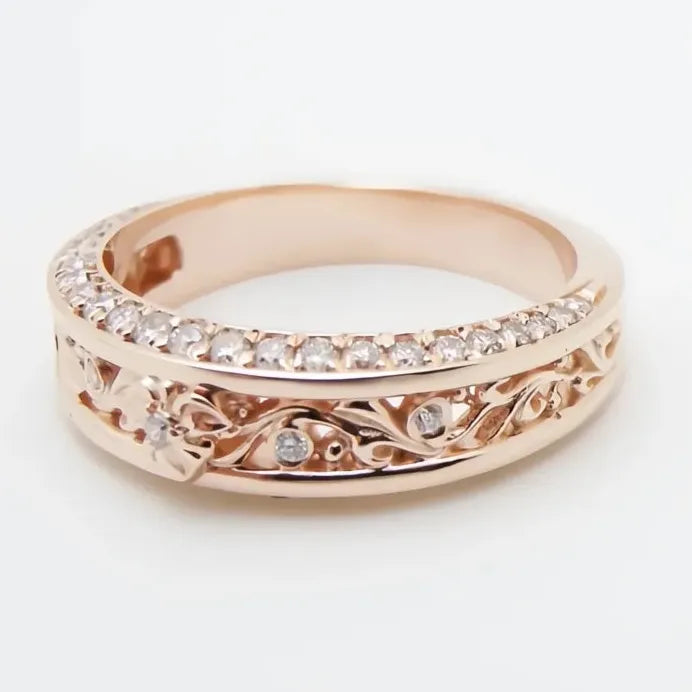 Rose Gold Flower Hollow Band Ring with Sparkling CZ Cubic Zirconia