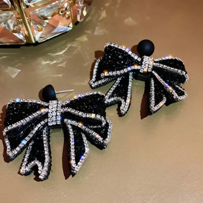 Korean Style Black Bowknot Rhinestone Drop Earrings for Women Jewelry