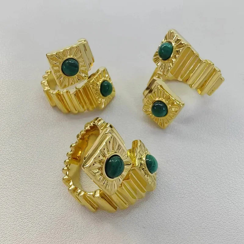 Gothic Gold Twist Fold Square Texture Stainless Steel Ring with Turquoise Stone