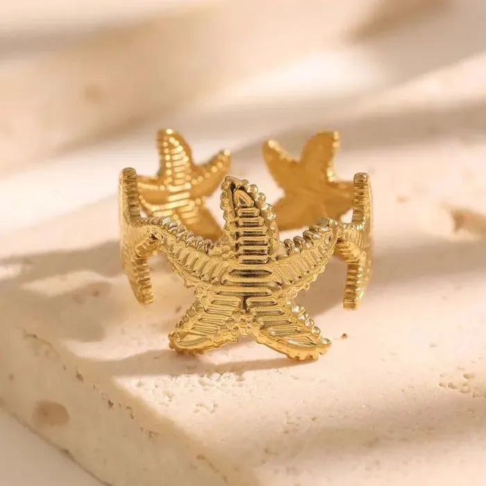Adjustable Stainless Steel Gold Starfish Ring for Women Fashion Jewelry Gift